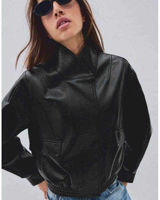 Bershka Black Oversize Leather Effect Jacket With Crossover Collar