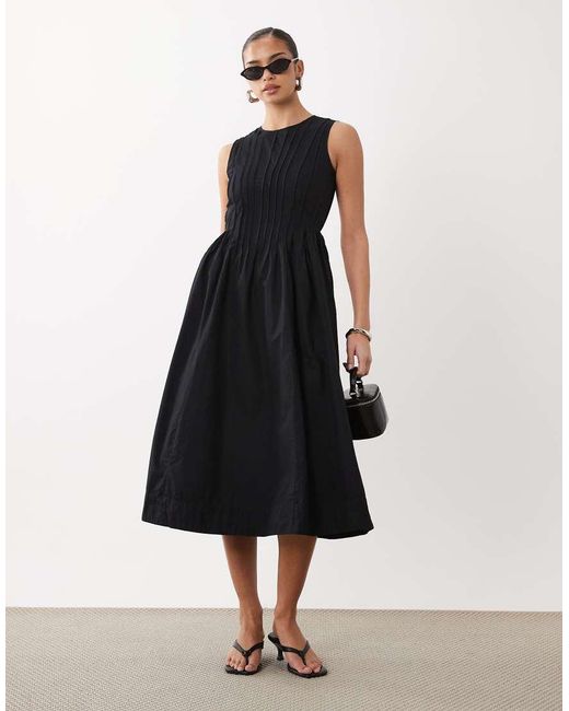Vila Black Pleated Waist Detail Midi Dress