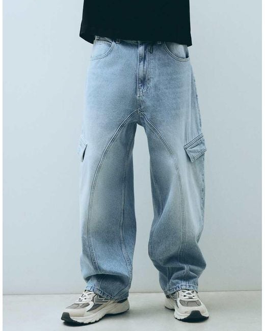 Bershka Blue Cargo Neobarrel Jeans for men