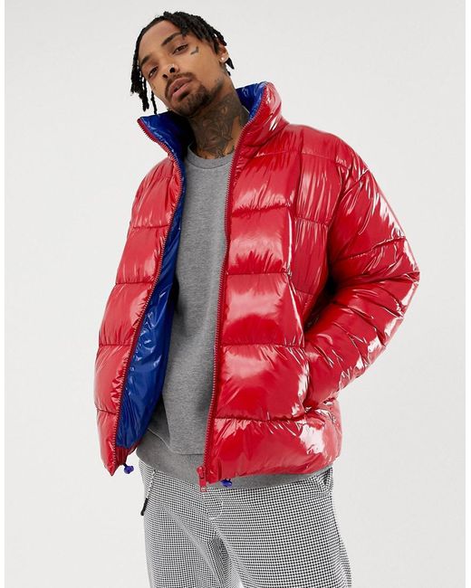 ASOS Puffer Jacket In High Shine In Red for Men | Lyst
