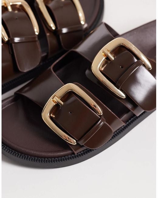 SEQWL Brown Double Buckle Flat Sandals