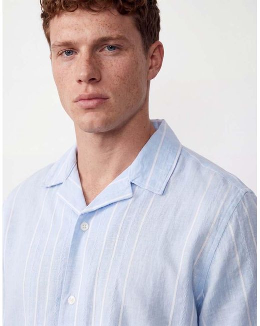 Jack & Jones Blue Premium Linen Blend Short Sleeve Shirt With White Stripes for men