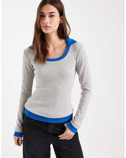 ASOS Blue Collar With Scoop Neck Long Sleeve Double Layer Top