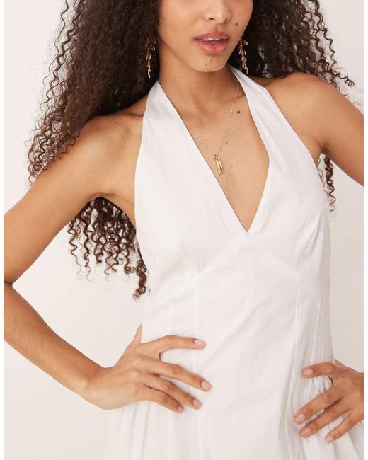Vestido Semilargo Con Cintura Baja Y Cuello Halter De Algodón De Mango de color Natural