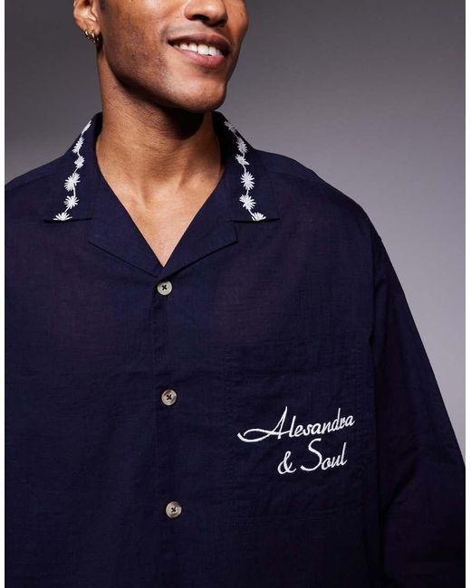 ASOS Blue Revere Shirt With Placement Print And Embroidery for men