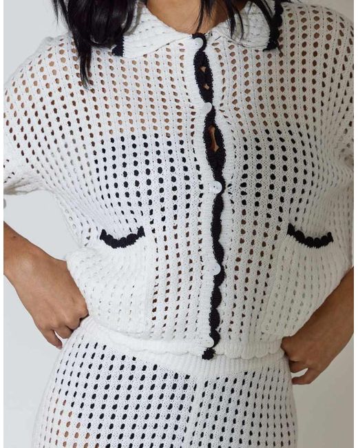South Beach White Crochet Knit Button Front Short Sleeve Shirt