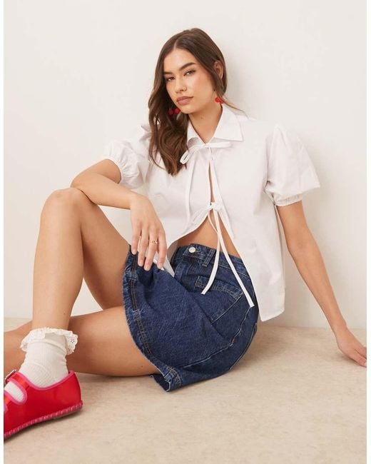 ASOS Blue Tie Front Puff Sleeve Blouse