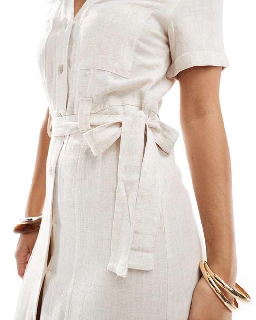 ONLY White Linen Mix Tie Waist Shirt Dress