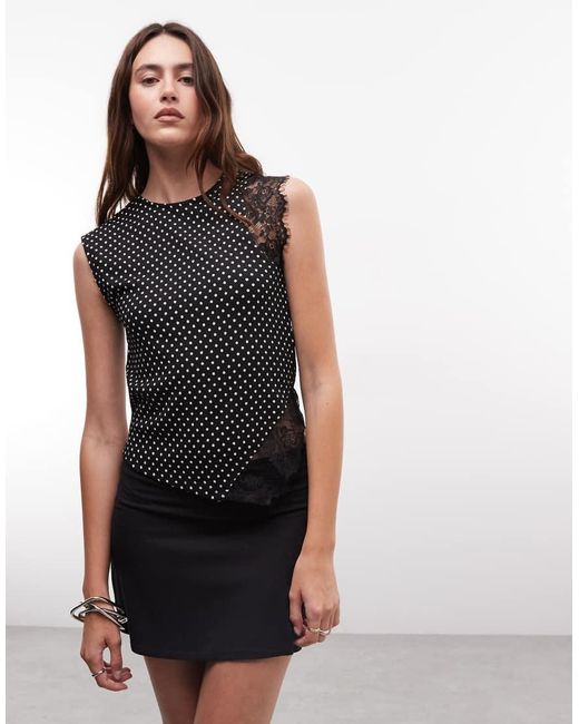 River Island Black Polka Dot Lace Detail Top