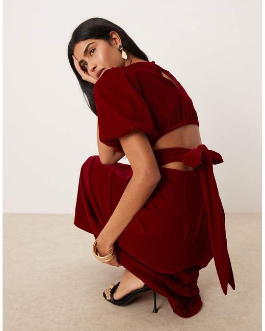 Nobody's Child Red Zelda Velvet Cut Out Back Puff Sleeve Midaxi Dress