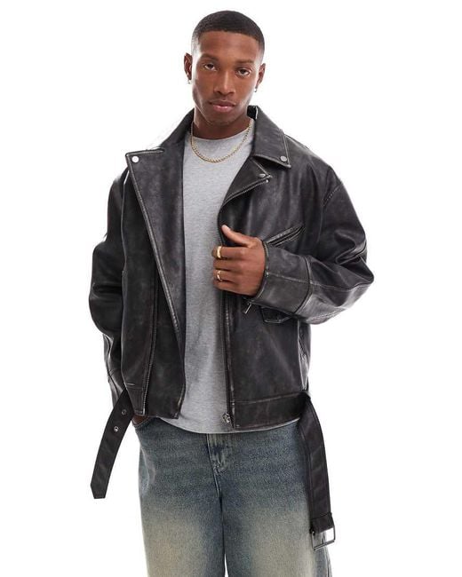 Bershka Black Faux Leather Washed Biker Jacket for men
