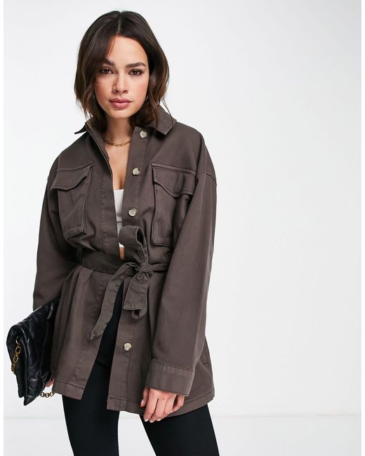 TOPSHOP Belted Utility Lightweight Shacket in Brown | Lyst