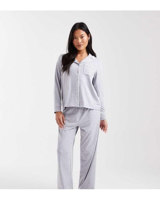 ASOS Gray Asos Design Petite Super Soft Long Sleeve Shirt & Pants Pyjama Set With Contrast Piping