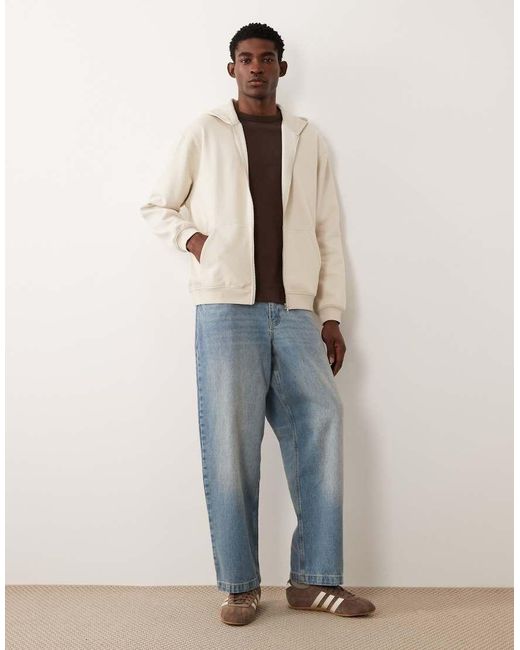 ASOS Natural Essentials Relaxed Zip Through Hoodie for men