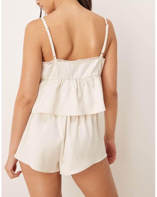 The Frolic Natural Exclusive Cropped Satin Cami Lace Trim Pyjama Top Co-ord