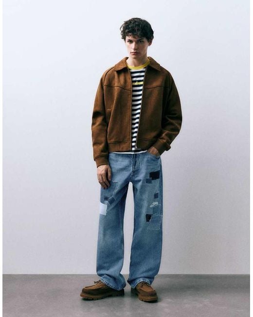 Pull&Bear Blue Baggy Patchwork Jeans for men