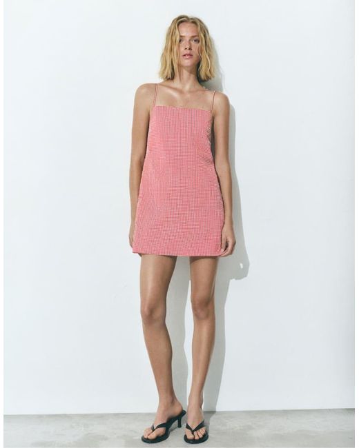 Pull&Bear Pink Short Gingham Check Strappy Dress