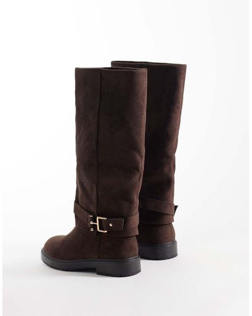 SEQWL Brown Mickey Faux Suede Buckle Knee Boots