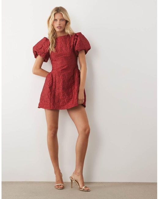 Sister Jane Red Bilberry Exclusive Jacquard Round Neck Puff Sleeve Mini Dress