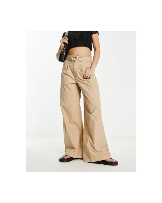 Pantalon large en coton avec ceinture - beige River Island en coloris Blanc  | Lyst
