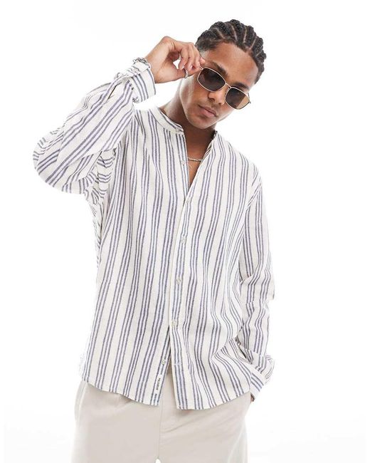 Pull&Bear White Linen Stripe Grandad Neck Shirt for men