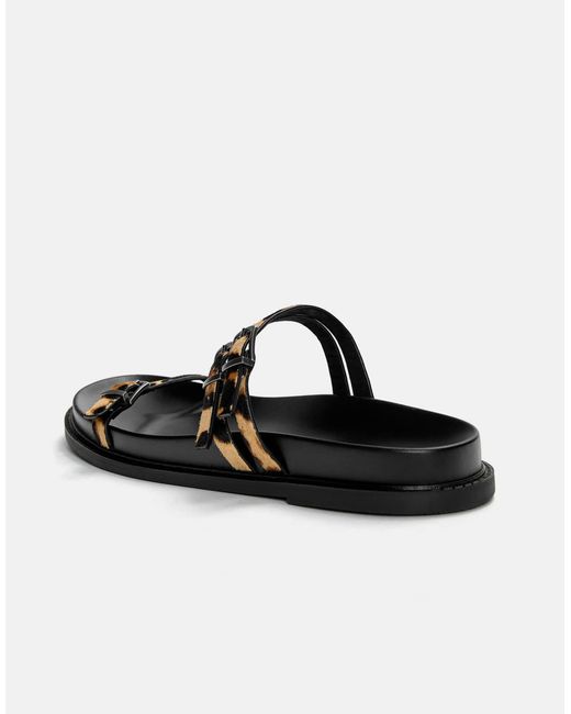 Pull&Bear Black – flache slider aus leder mit leopardenmuster