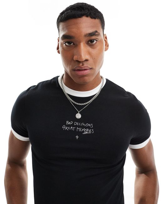 T-shirt attillata nera con bordi a contrasto e scritta stampata sul petto di ASOS in Black da Uomo