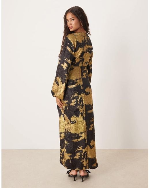 Lovedrobe Natural Long Sleeve Faux Wrap Gathered Midaxi Dress