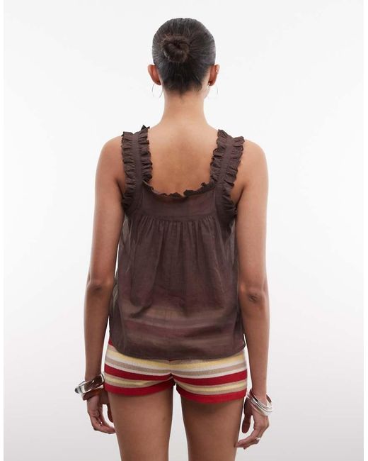 Noisy May Brown Frill Sleeve Button Through Top