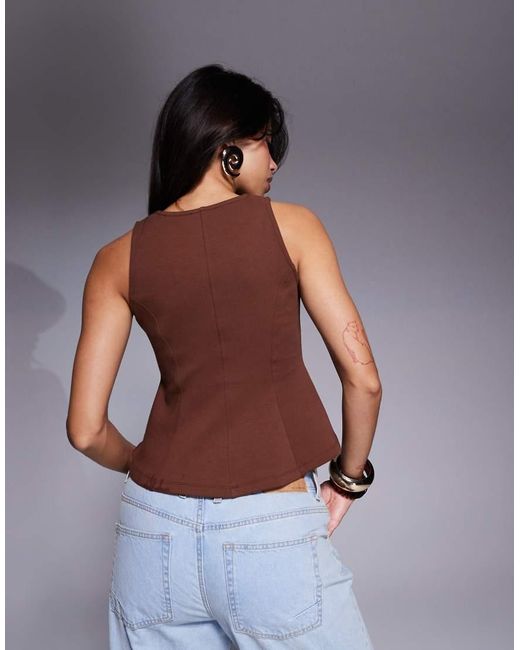 ASOS Brown Ponte Cinch Waist Square Neck Button Down Top