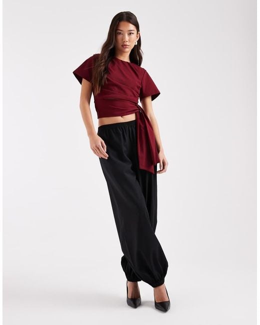 ASOS Red Crop T-shirt With Shoulder Pads And Tie Side Waist