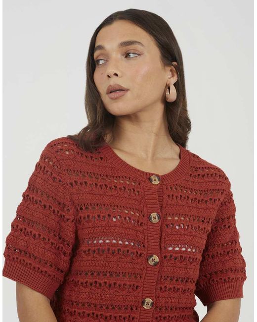 Brave Soul Red Short Sleeve Pointelle Knit Crew Neck Cardigan