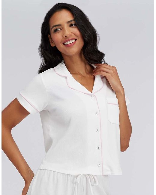 Boux Avenue White Ribbed Modal Short Sleeved Pyjama Top Soft Revere Sleepwear