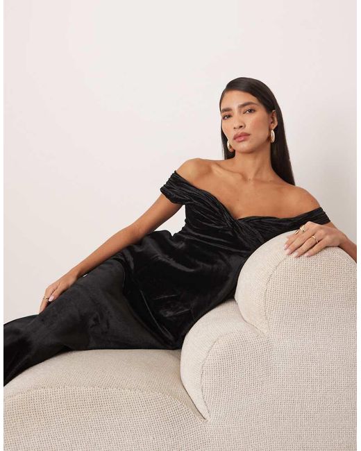 ARRANGE Natural Velvet Off Shoulder Maxi Dress With Ruched Bodice And Column Skirt