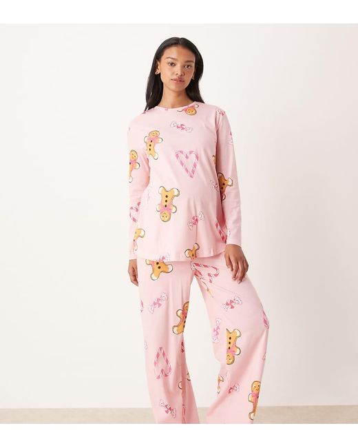 ASOS Pink Asos Design Maternity Gingerbread & Candy Cane Long Sleeve Top & Pants Pajama Set