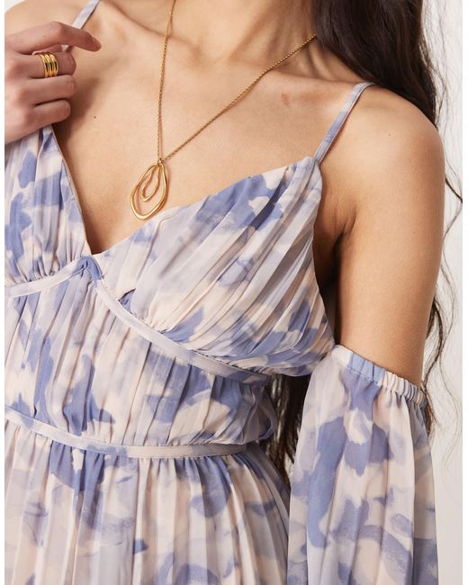 ASOS Pink – plissiertes bardot-midaxikleid mit blumenprint und tiefem ausschnitt