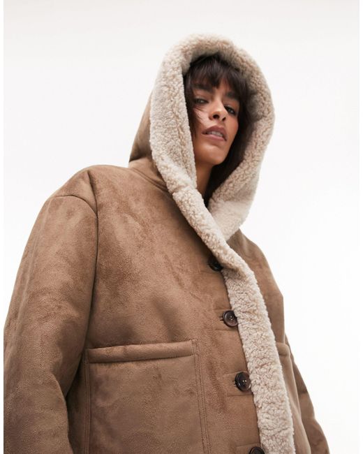 TOPSHOP Brown Faux Suede Shearling Hooded Cropped Car Coat With Borg Lining