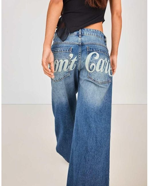 Bershka Blue Embroidered Baggy Jeans