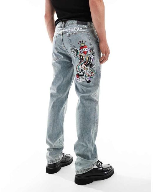Ed Hardy Blue Straight Leg Nyc Denim Embroidered Jeans for men