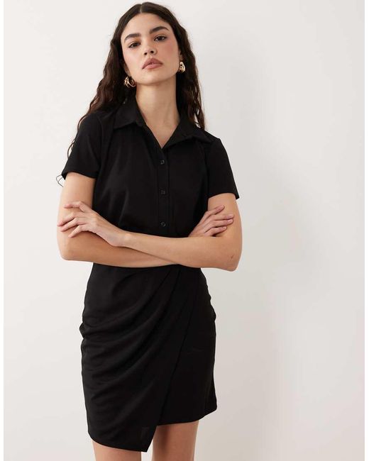 ASOS Black Short Sleeve Shirt Detail With Wrap Skirt Mini Dress