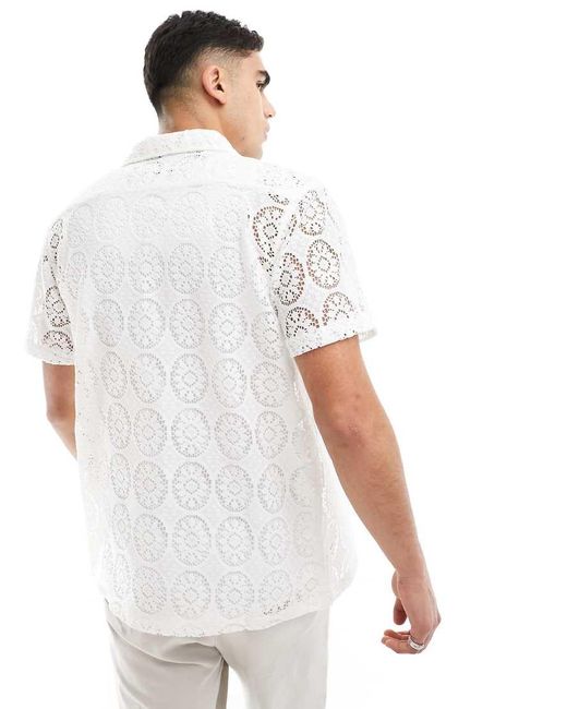 Brave Soul White Crochet Camp Collar Shirt for men