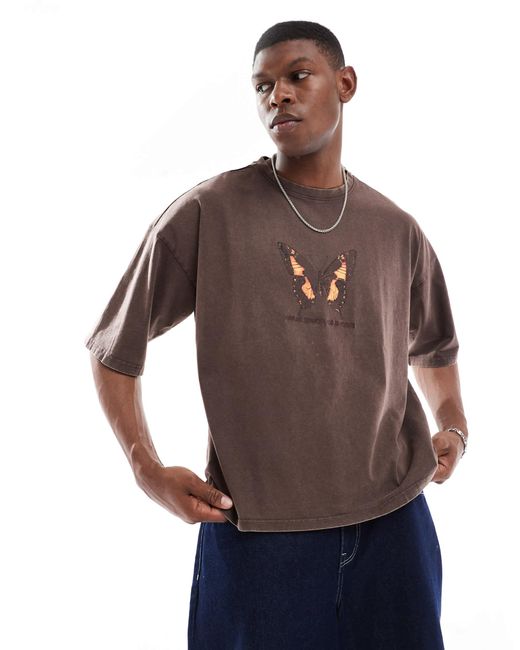 Pull&Bear Brown Graphic Washed T-shirt for men
