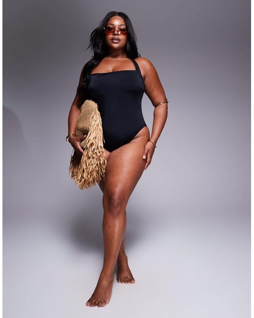ASOS Blue Asos Design Curve Revenge Halter Tie Neck Swimsuit