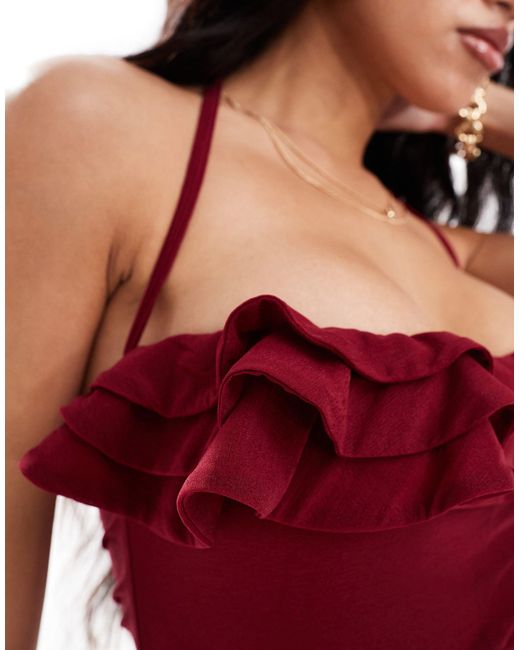ASOS Red Bardot Ruffle Detail Maxi Dress