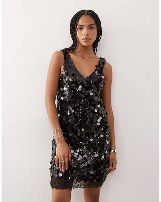 Noisy May Natural V Neck Disc Sequin Sleeveless Mini Dress With Lace Hem