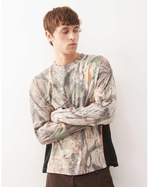 Collusion Natural Long Sleeve Camo Panel Detailed T-shirt for men