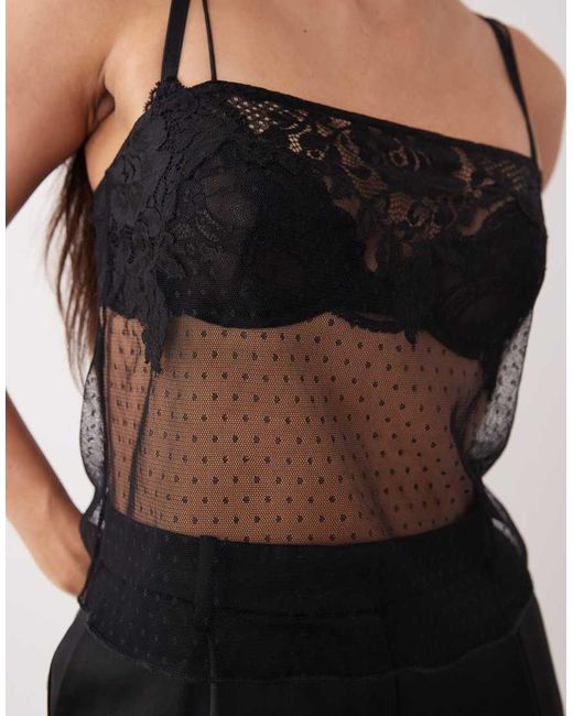 ASOS Black Lace Trim Cami Top With Textured Mesh