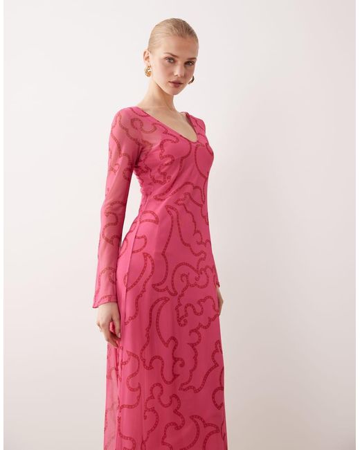 Never Fully Dressed Pink V Neck Mesh Maxi Dress