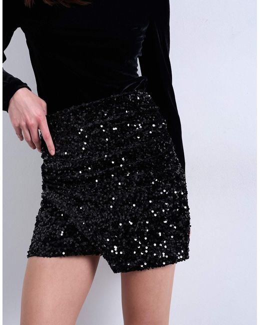 TOPSHOP Black Velvet Sequin Drape Mini Skirt
