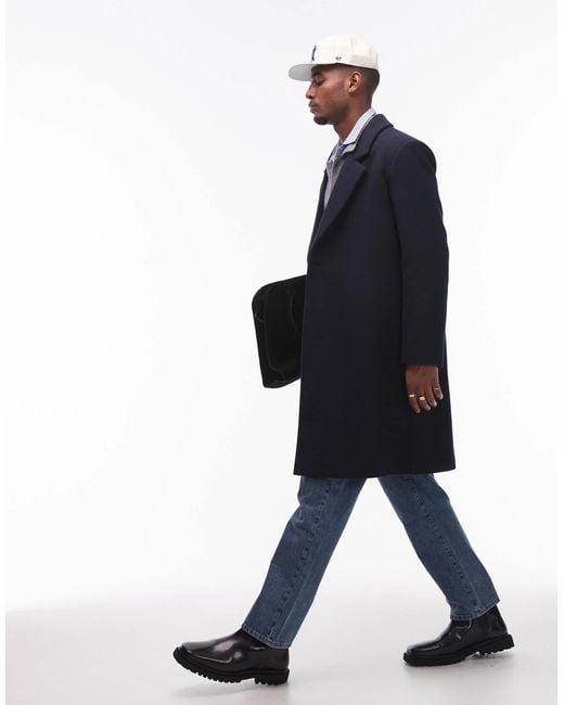 Topman Blue Relaxed Single Breasted Overcoat for men